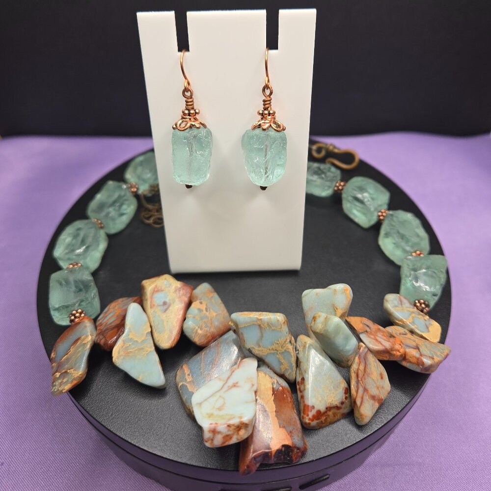 Aqua Terra Jasper and Raw Aquamarine Necklace Choker and Earrings